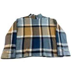 Warehouse Sweater Women L Plaid Mock Neck Boxy Blue Brown Acrylic Wool Blend